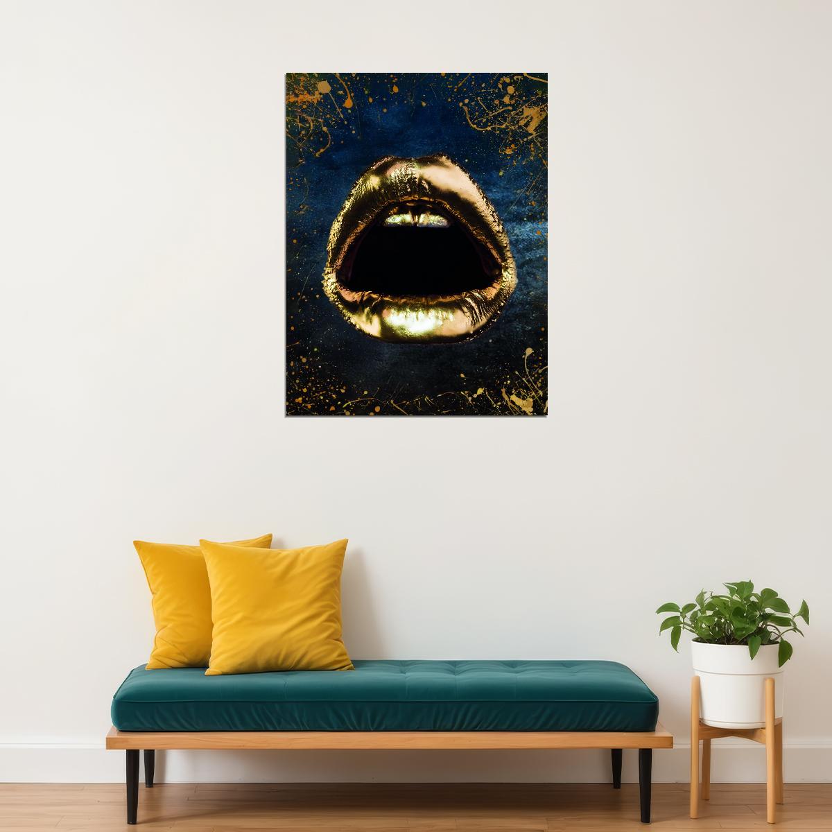 Golden Lips Art Poster Luxury Wall Decor Bold Artistic Modern Style Iconic Designer Wall Print - xonomax