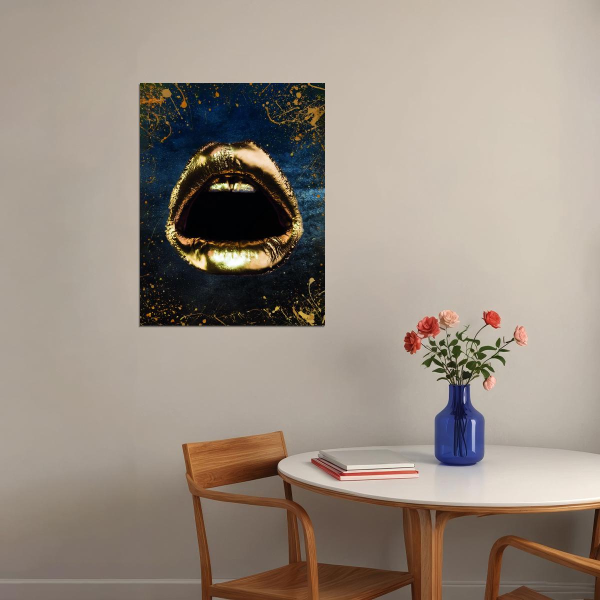 Golden Lips Art Poster Luxury Wall Decor Bold Artistic Modern Style Iconic Designer Wall Print - xonomax