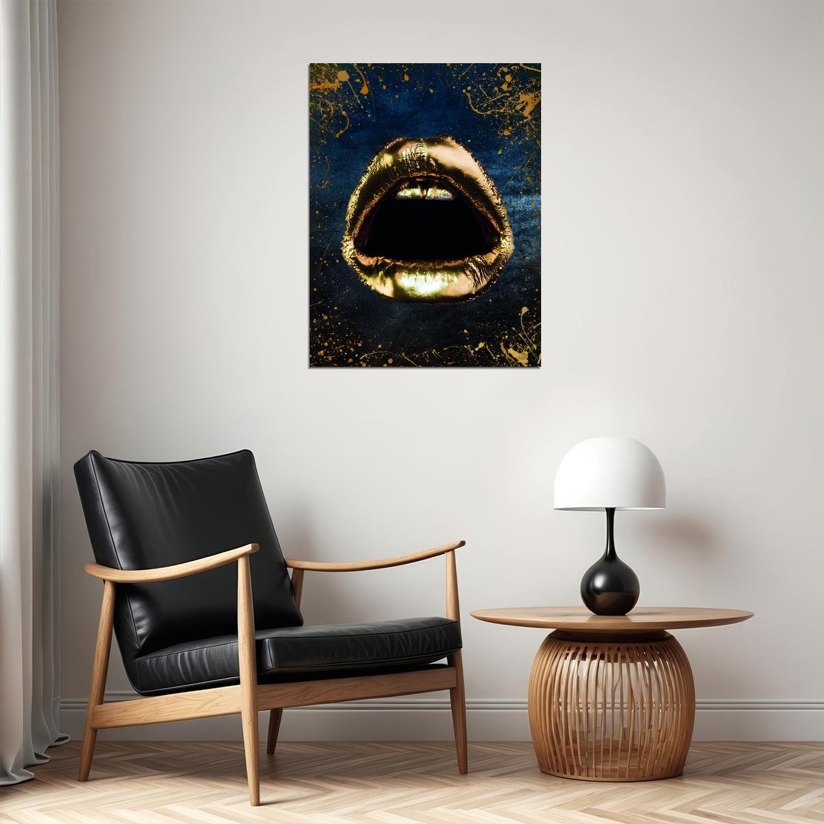 Golden Lips Art Poster Luxury Wall Decor Bold Artistic Modern Style Iconic Designer Wall Print - xonomax