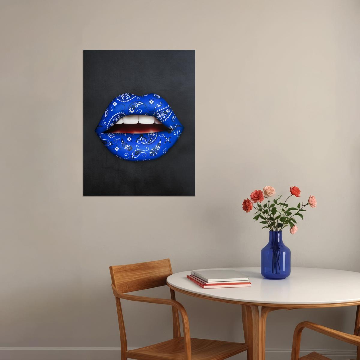 Blue Bandana Lips Art Poster Bold Modern Wall Decor Pop Art Style Unique Artistic Design Wall Print - xonomax