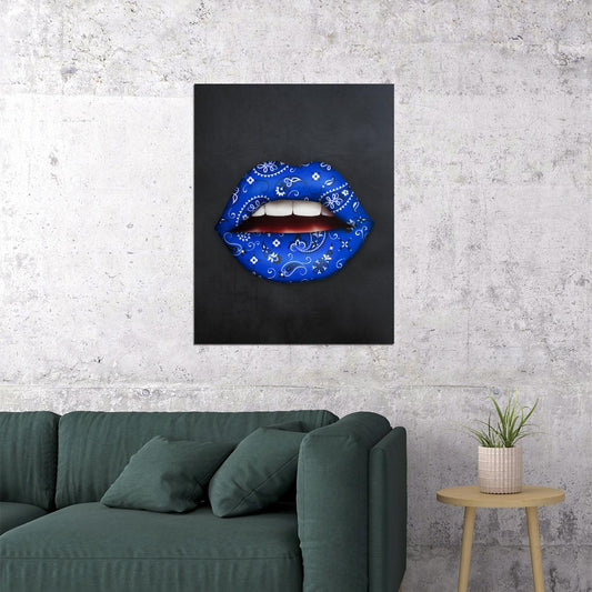 Blue Bandana Lips Art Poster Bold Modern Wall Decor Pop Art Style Unique Artistic Design Wall Print - xonomax