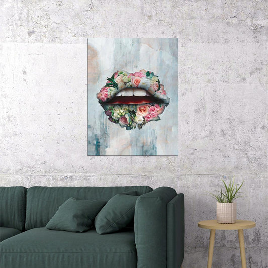 Rose Lips Art Poster Floral Artistic Wall Decor Bold Modern Pop Art Style Unique Wall Print - xonomax
