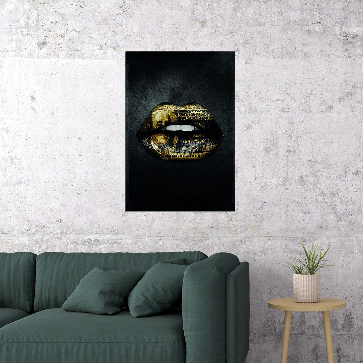 Money Lips Art Poster Black and Gold Design Wall Decor Bold Artistic Pop Art Style Modern Wall Print - xonomax
