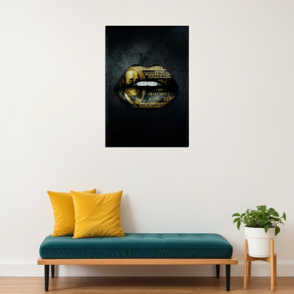 Money Lips Art Poster Black and Gold Design Wall Decor Bold Artistic Pop Art Style Modern Wall Print - xonomax