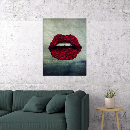 Red Rose Lips Art Poster Floral Artistic Design Wall Decor Modern Pop Art Style Bold Wall Print - xonomax