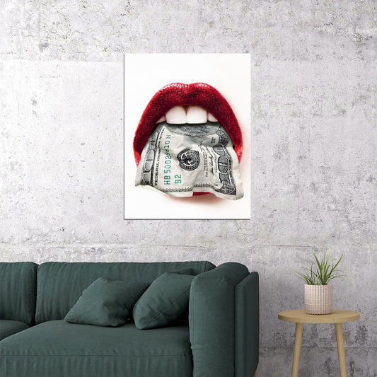 Money Lips Art Poster Red and White Design Wall Decor Bold Artistic Modern Pop Art Style Wall Print - xonomax