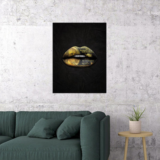 Gold Money Lips Art Poster Black and Gold Wall Decor Bold Artistic Design Modern Pop Art Style Wall Print - xonomax