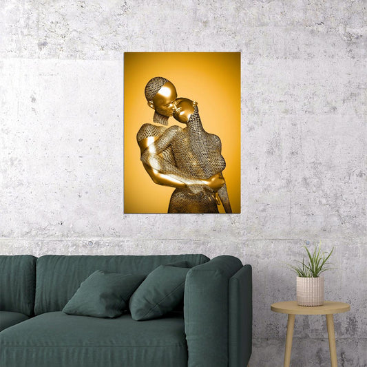 Golden and Silver Embrace Art Poster Modern Romantic Sculpture Wall Decor Luxury Artistic Design Unique Wall Print - xonomax