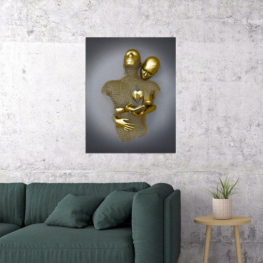 Golden Abstract Hug Art Poster Romantic Modern Wall Decor Bold Unique Artistic Sculpture Style Wall Print - xonomax