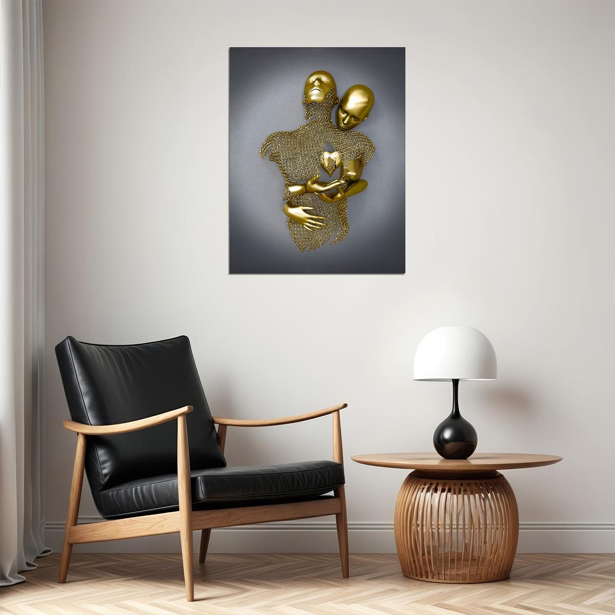 Golden Abstract Hug Art Poster Romantic Modern Wall Decor Bold Unique Artistic Sculpture Style Wall Print - xonomax