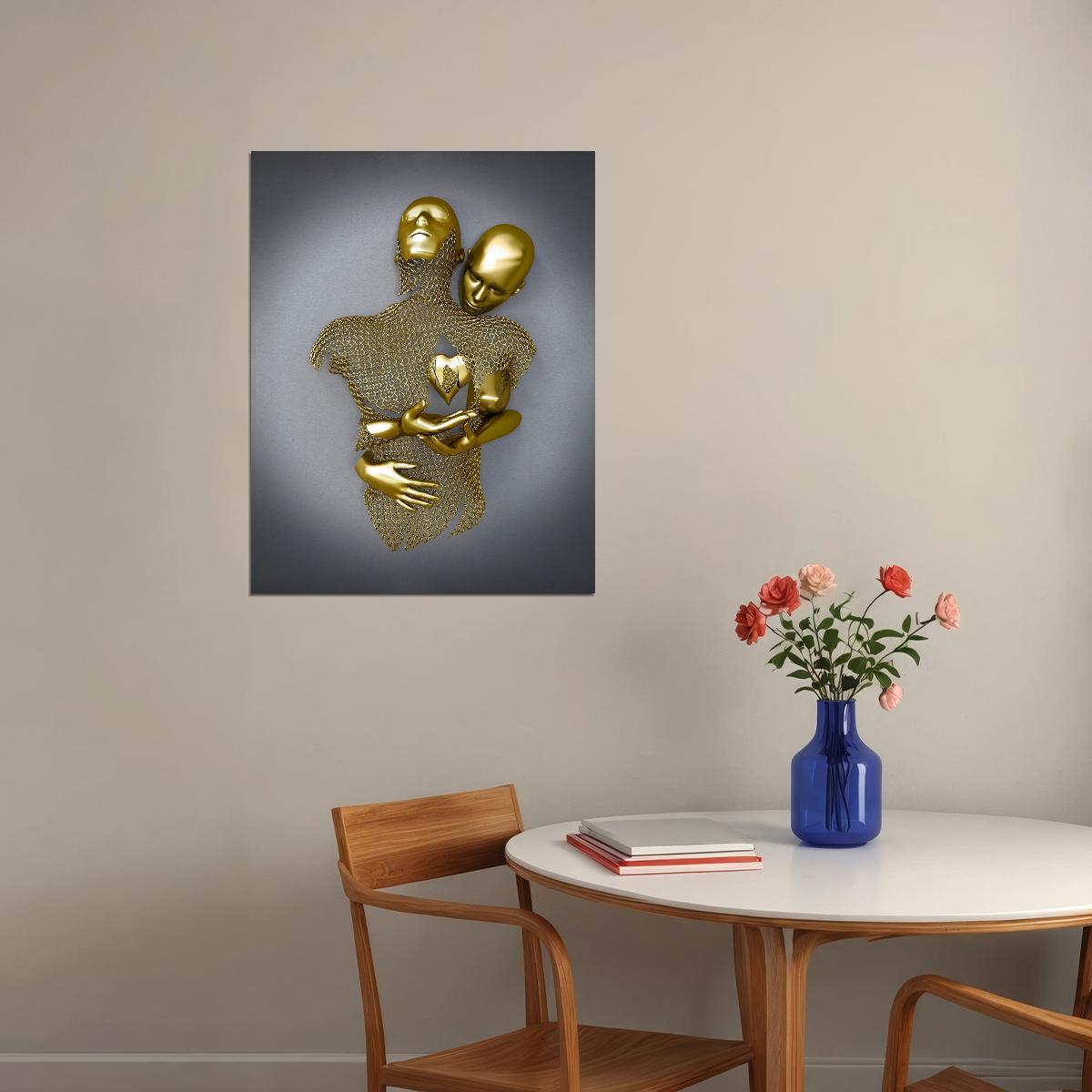 Golden Abstract Hug Art Poster Romantic Modern Wall Decor Bold Unique Artistic Sculpture Style Wall Print - xonomax