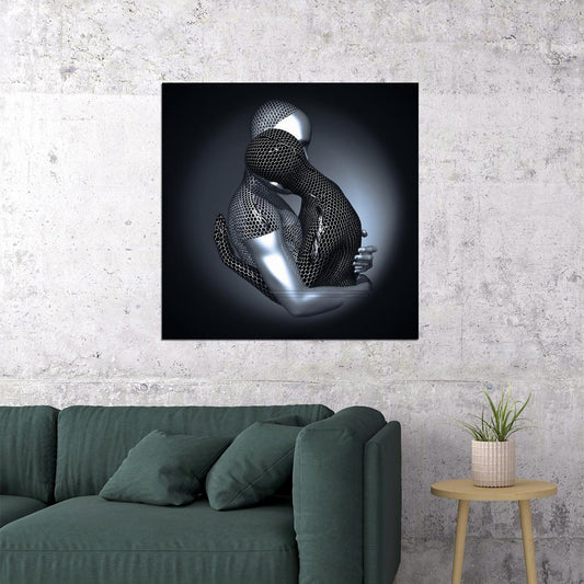 Silver Embrace Art Poster Contemporary Abstract Wall Decor Romantic and Modern Artistic Sculpture Style Wall Print - xonomax