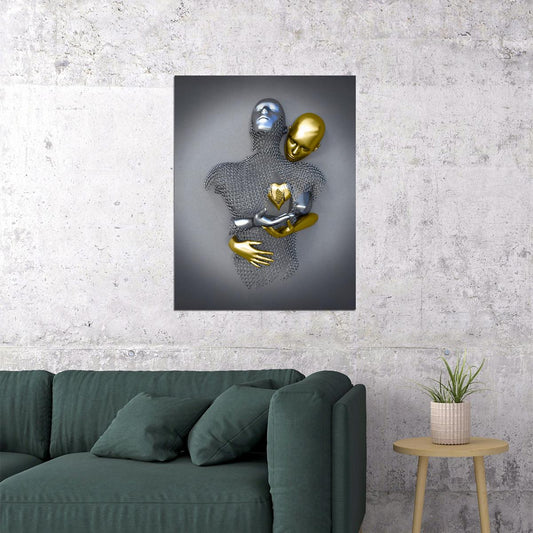 Golden and Silver Heart Embrace Art Poster Romantic Modern Sculpture Wall Decor Bold Artistic Unique Wall Print - xonomax