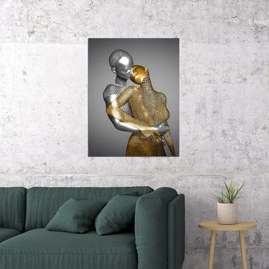 Abstract Golden Embrace Art Poster Romantic Modern Sculpture Wall Decor Unique Artistic Bold Wall Print - xonomax