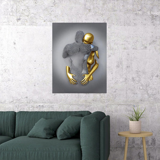 Abstract Gold and Silver Embrace Art Poster Romantic Wall Decor Modern Artistic Bold Sculpture Style Wall Print - xonomax