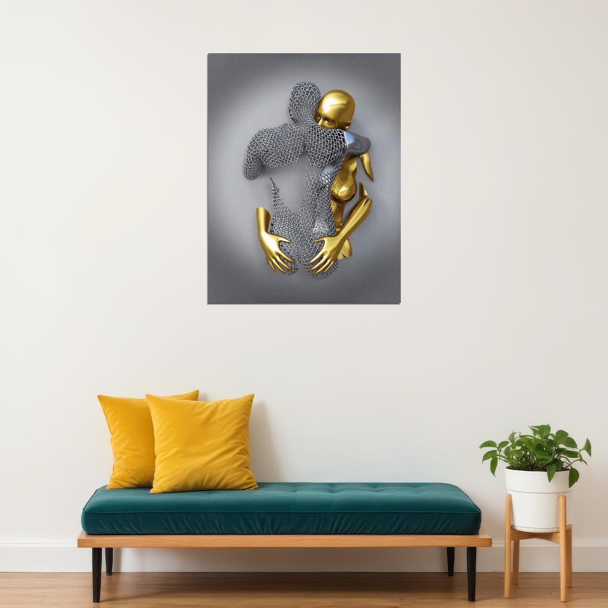 Abstract Gold and Silver Embrace Art Poster Romantic Wall Decor Modern Artistic Bold Sculpture Style Wall Print - xonomax