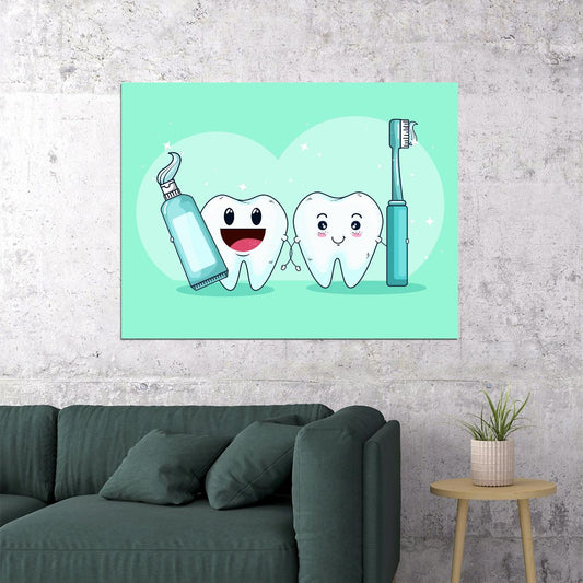 Happy Teeth Art Poster Cute Dental Cartoon Wall Decor Fun and Educational Design Perfect for Dental Clinics and Kids Wall Print - xonomax