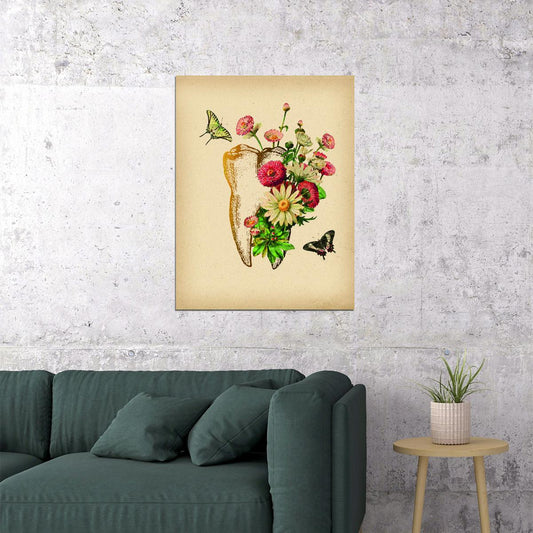 Floral Tooth Art Poster Vintage Style Wall Decor Unique Artistic Design Perfect for Dental Clinics or Home Wall Print - xonomax