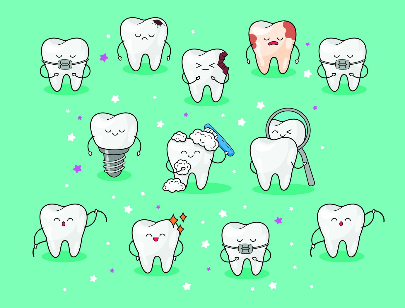 Cute Tooth Characters Art Poster Fun and Educational Wall Decor Cartoon Dental Design Perfect for Kids and Clinics Wall Print - xonomax