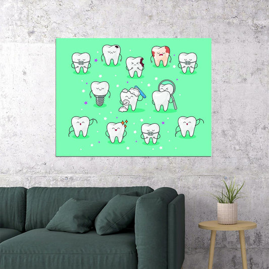 Cute Tooth Characters Art Poster Fun and Educational Wall Decor Cartoon Dental Design Perfect for Kids and Clinics Wall Print - xonomax