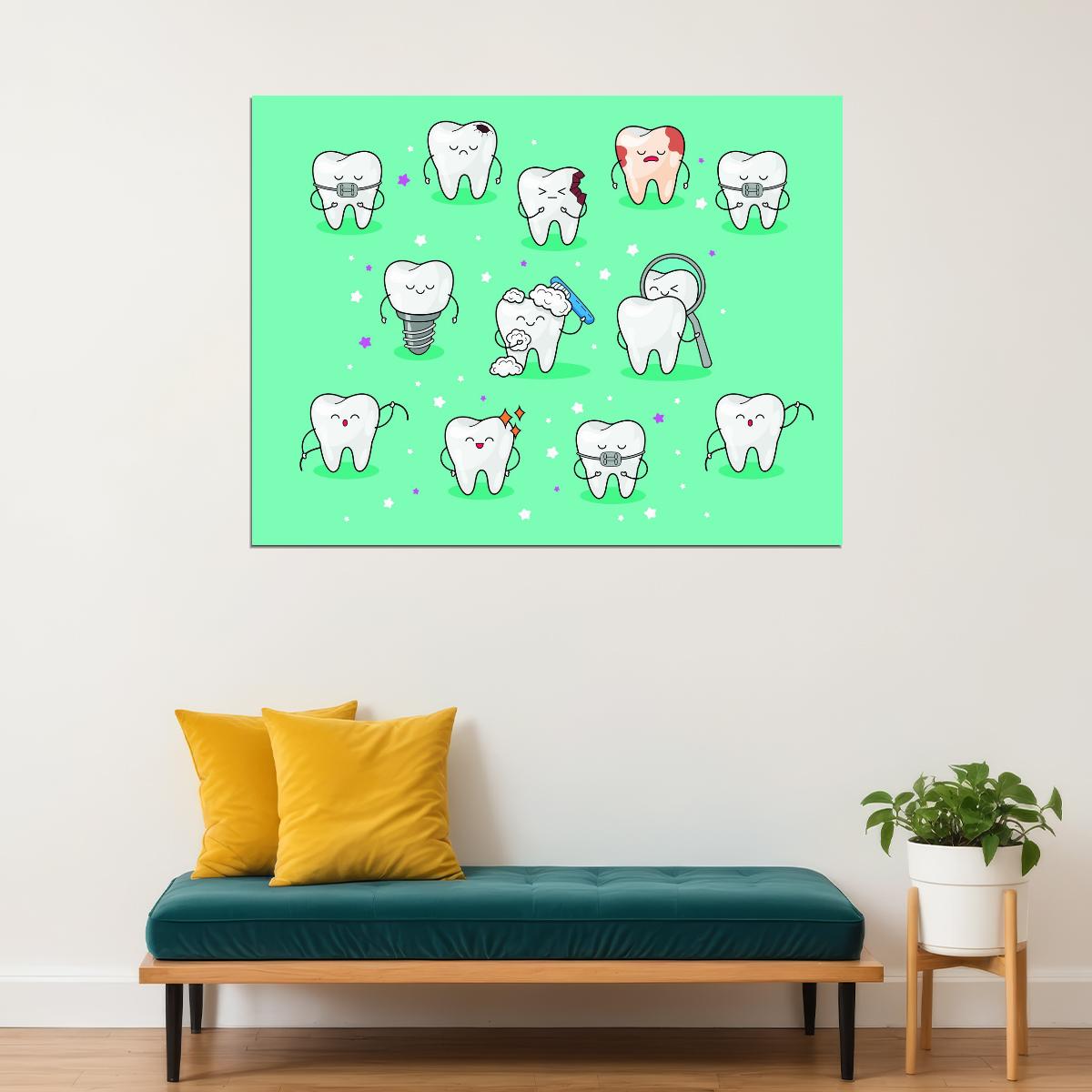Cute Tooth Characters Art Poster Fun and Educational Wall Decor Cartoon Dental Design Perfect for Kids and Clinics Wall Print - xonomax