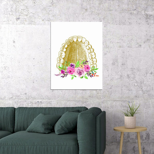 Gold Teeth and Roses Art Poster Elegant and Unique Wall Decor Artistic Design Perfect for Clinics or Home Wall Print - xonomax