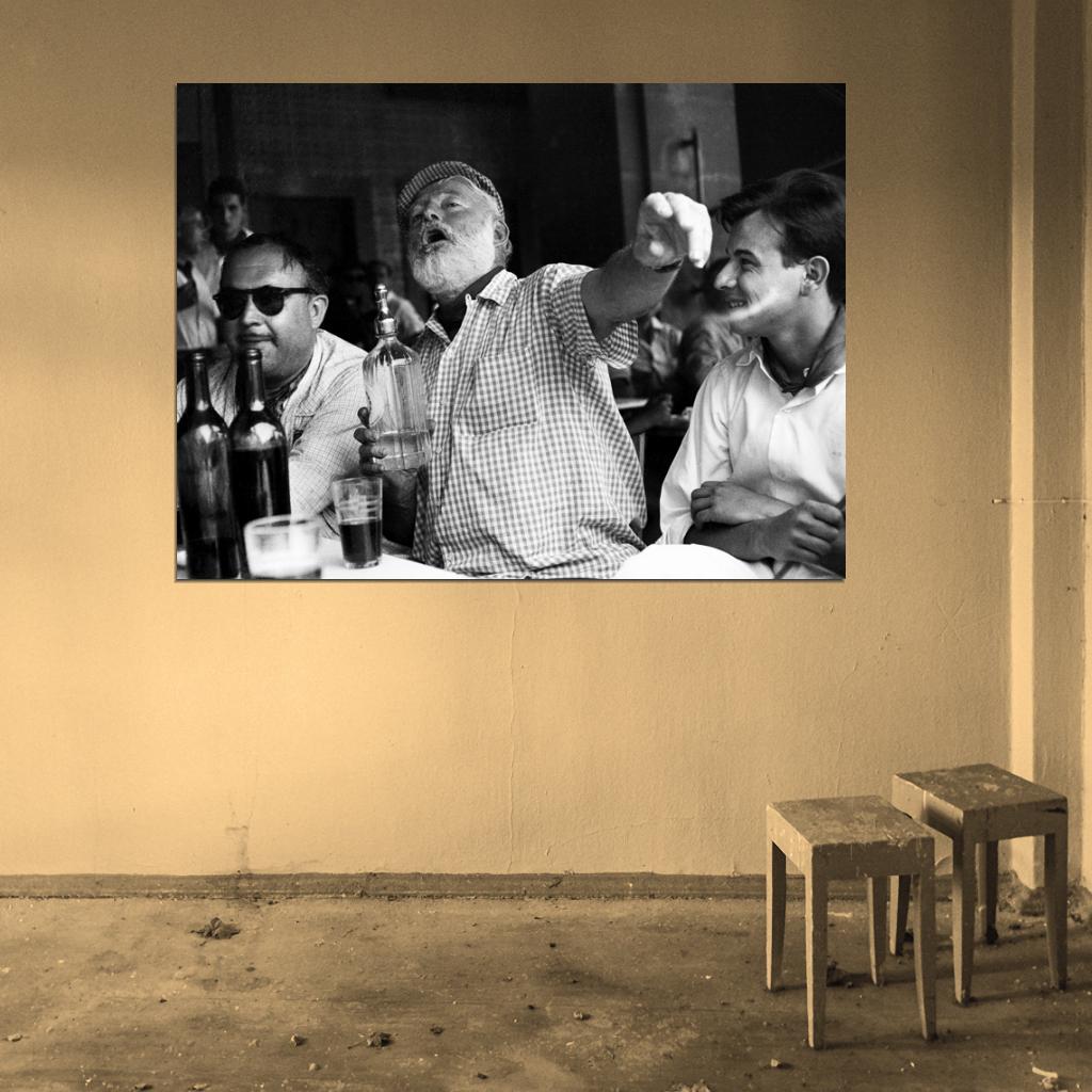Ernest Hemingway Writer Table Drink BW Wall Print Poster