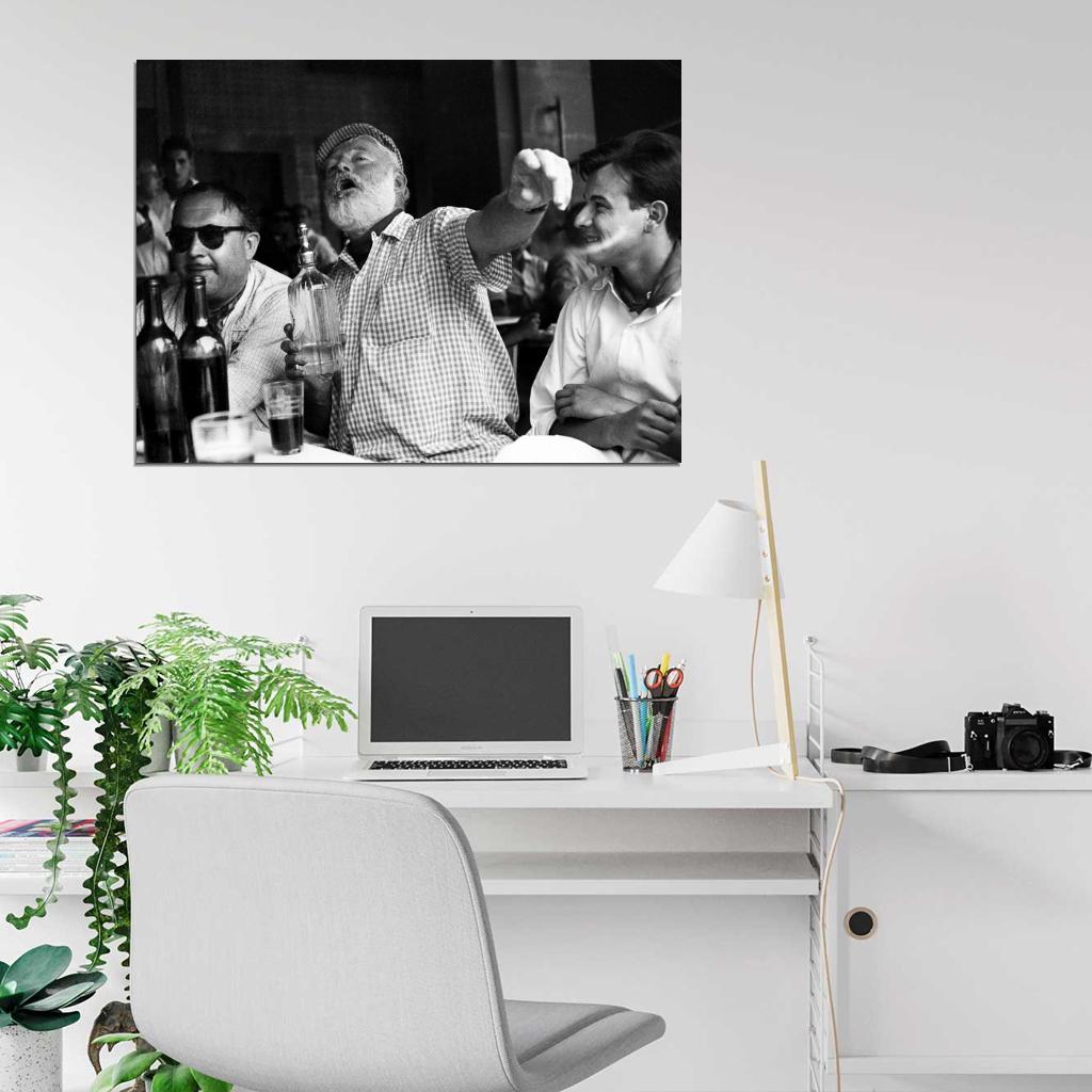 Ernest Hemingway Writer Table Drink BW Wall Print Poster