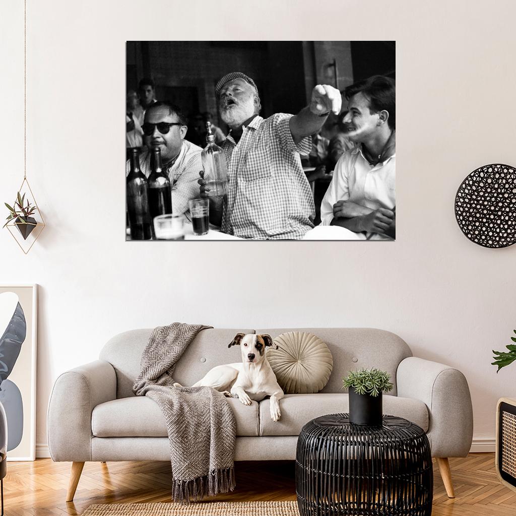 Ernest Hemingway Writer Table Drink BW Wall Print Poster