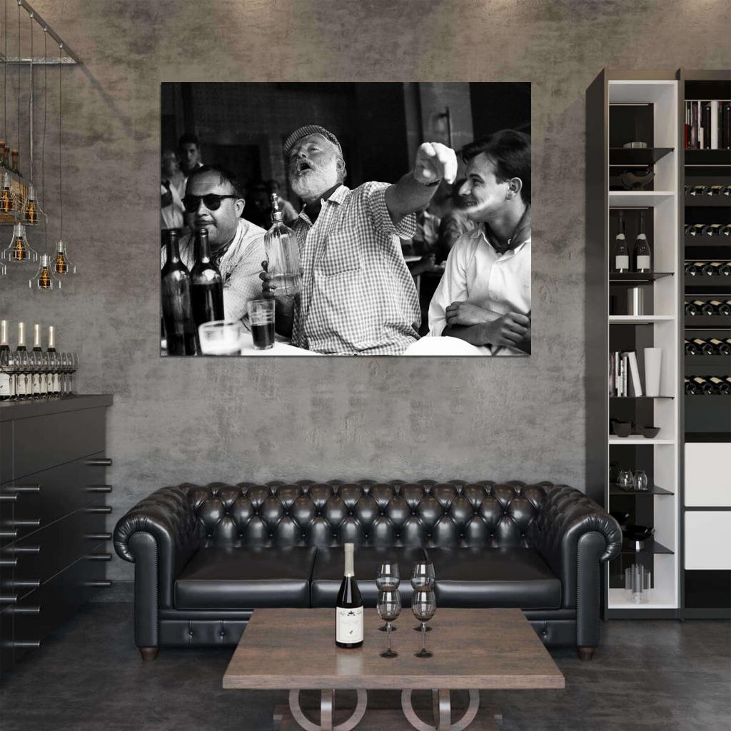 Ernest Hemingway Writer Table Drink BW Wall Print Poster
