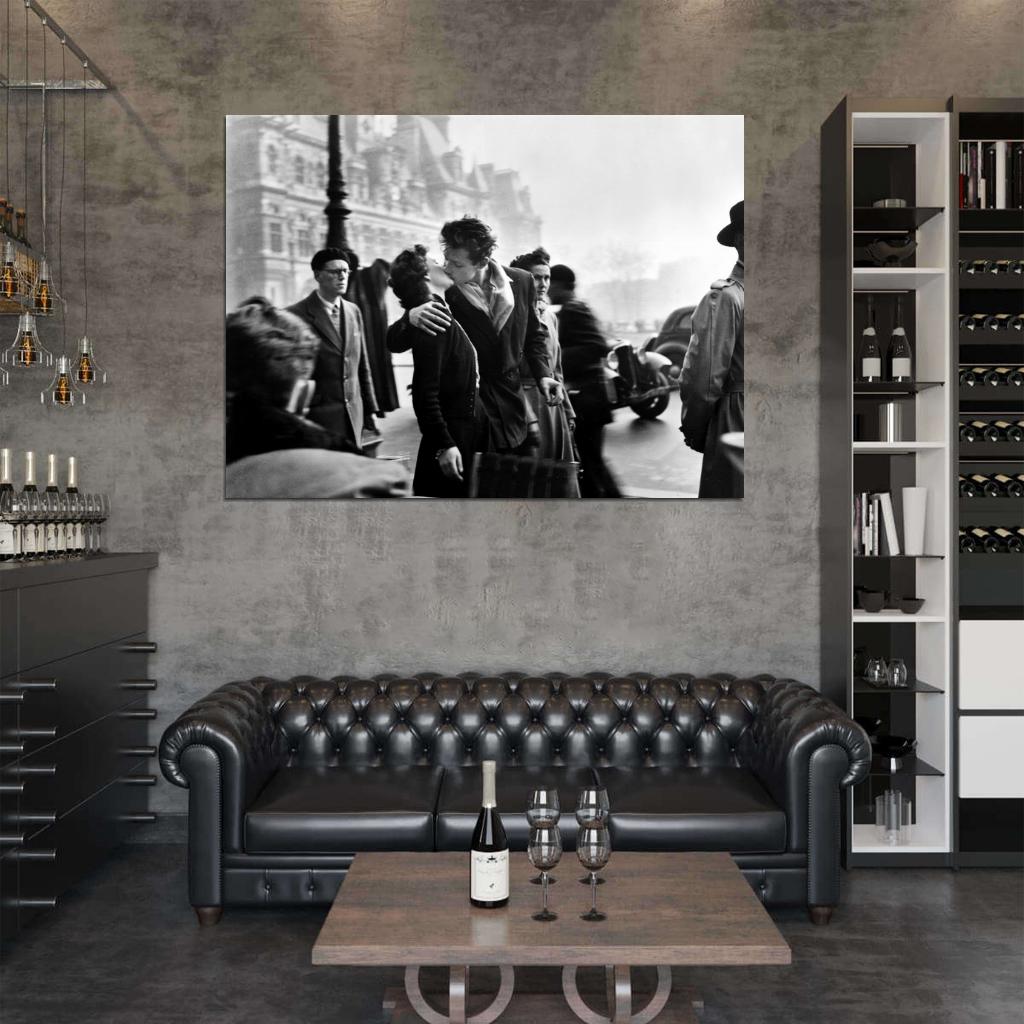 Kiss At The Hotel De Ville Paris Famous Retro BW Wall Print Poster