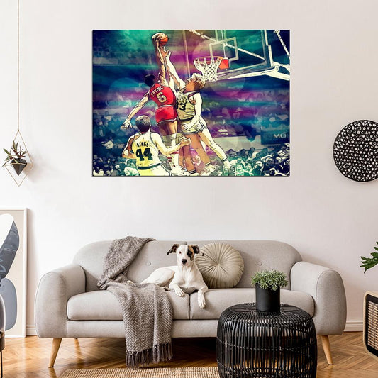 Julius Erving Dunk on Larry Bird Sixers vs Celtics Dr. J 76ers Basketball Vintage Pop Art Poster - xonomax