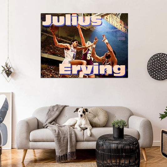 Julius Erving 1980 Finals Baseline Scoop Dr. J Reverse Layup Vintage Art Print Poster - xonomax