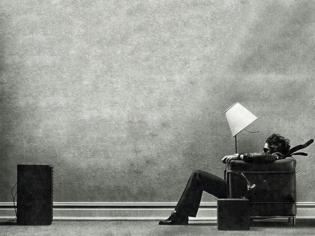 Maxell Blown Away Guy Speaker Ad BW Vintage Art Print Poster