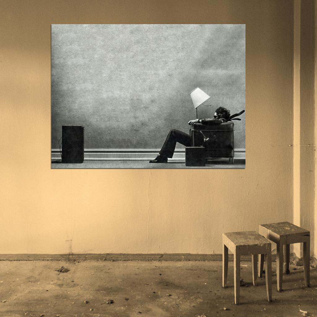 Maxell Blown Away Guy Speaker Ad BW Vintage Art Print Poster