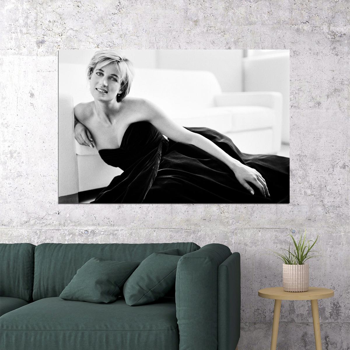 Princess Diana British Royal Fashion Icon Poster 1980s 1990s Black And White Wall Art