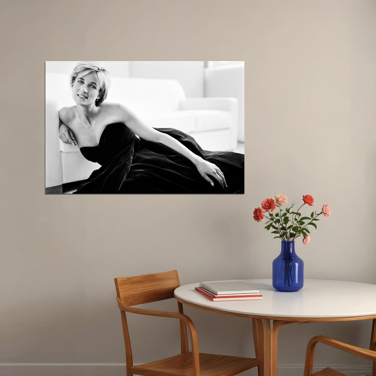 Princess Diana British Royal Fashion Icon Poster 1980s 1990s Black And White Wall Art