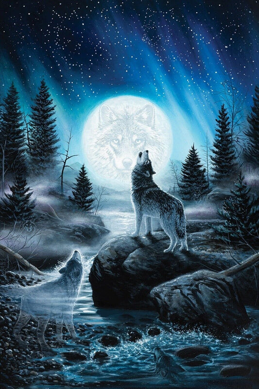 Wolves Full Moon Whimsical Art Animal Poster