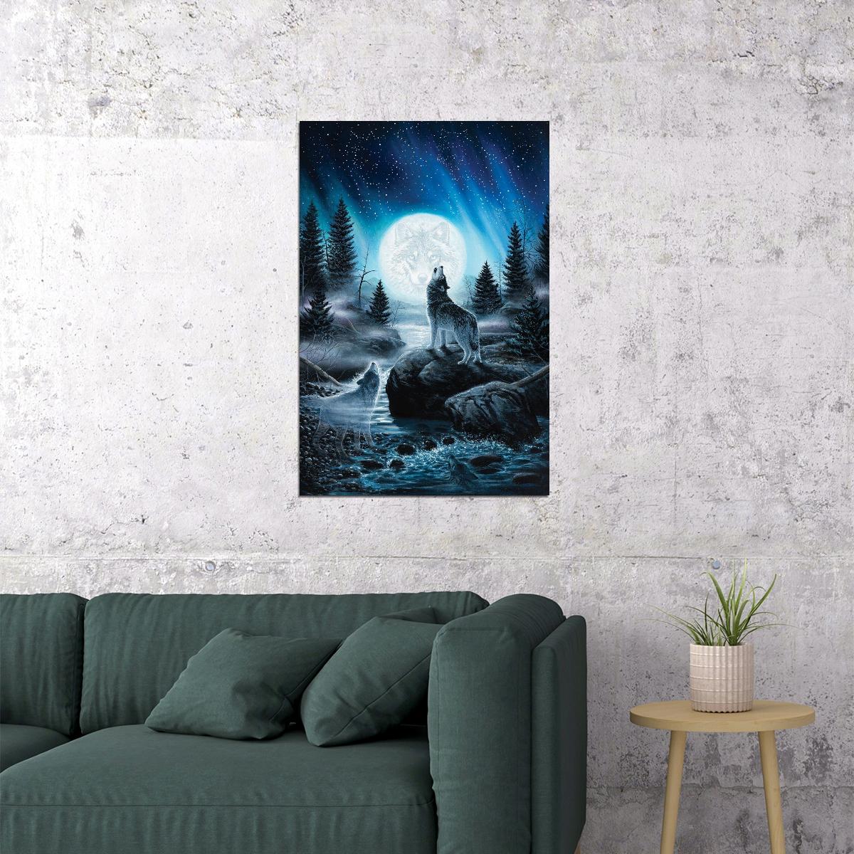 Wolves Full Moon Whimsical Art Animal Poster - xonomax