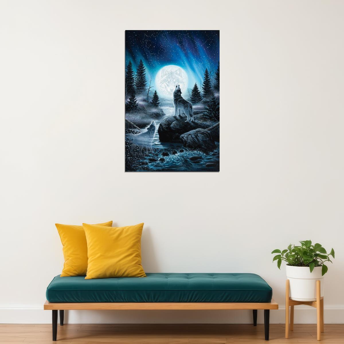 Wolves Full Moon Whimsical Art Animal Poster - xonomax