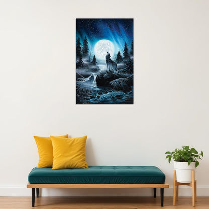 Wolves Full Moon Whimsical Art Animal Poster - xonomax