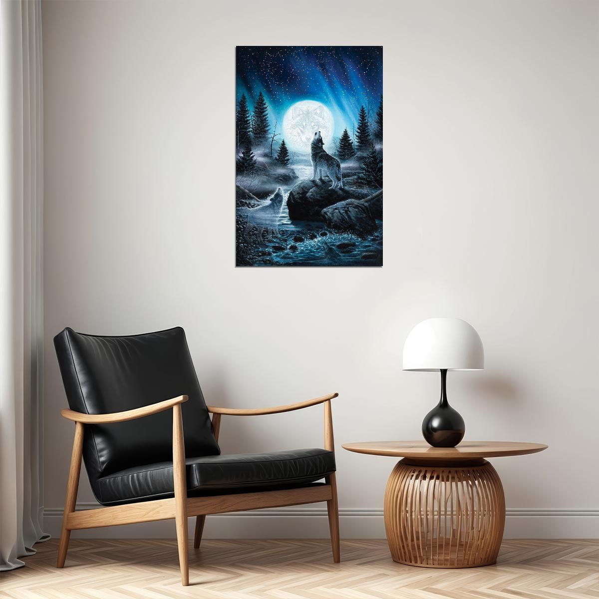 Wolves Full Moon Whimsical Art Animal Poster - xonomax