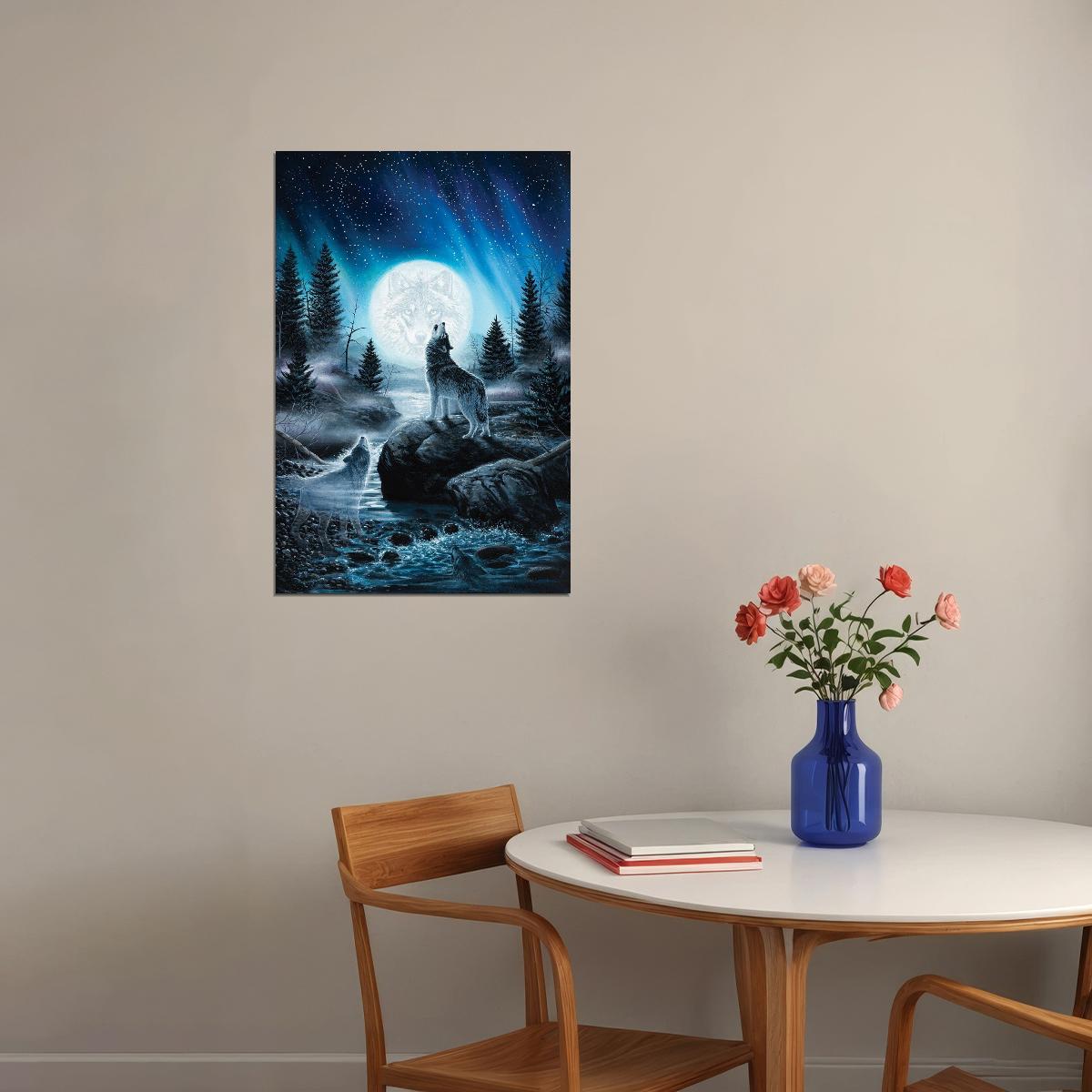 Wolves Full Moon Whimsical Art Animal Poster - xonomax