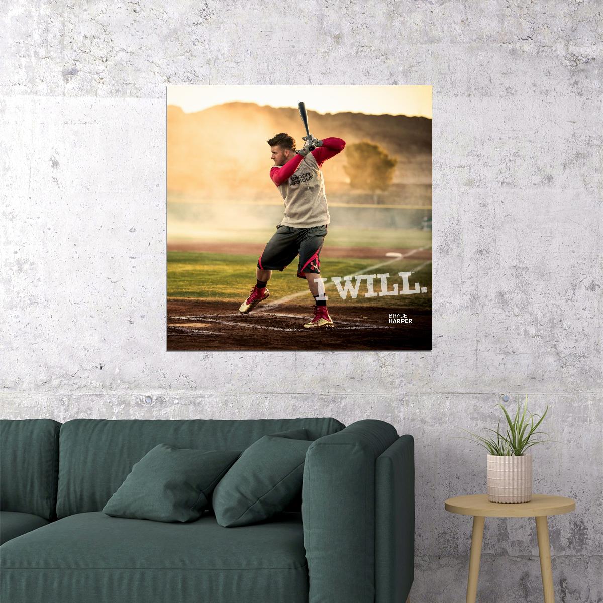 Bryce Harper I Will Motivational Quote Baseball Poster Mlb Player Wall Art Sport Print