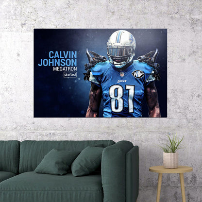 Calvin Johnson Football Poster Nfl Star Wall Art Detroit Lions Sports Print