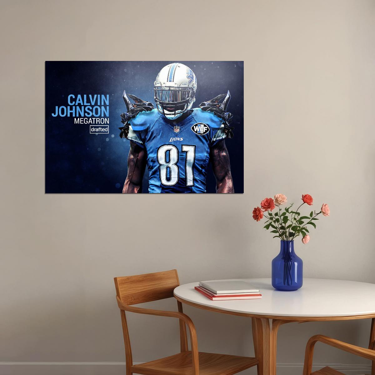 Calvin Johnson Football Poster Nfl Star Wall Art Detroit Lions Sports Print