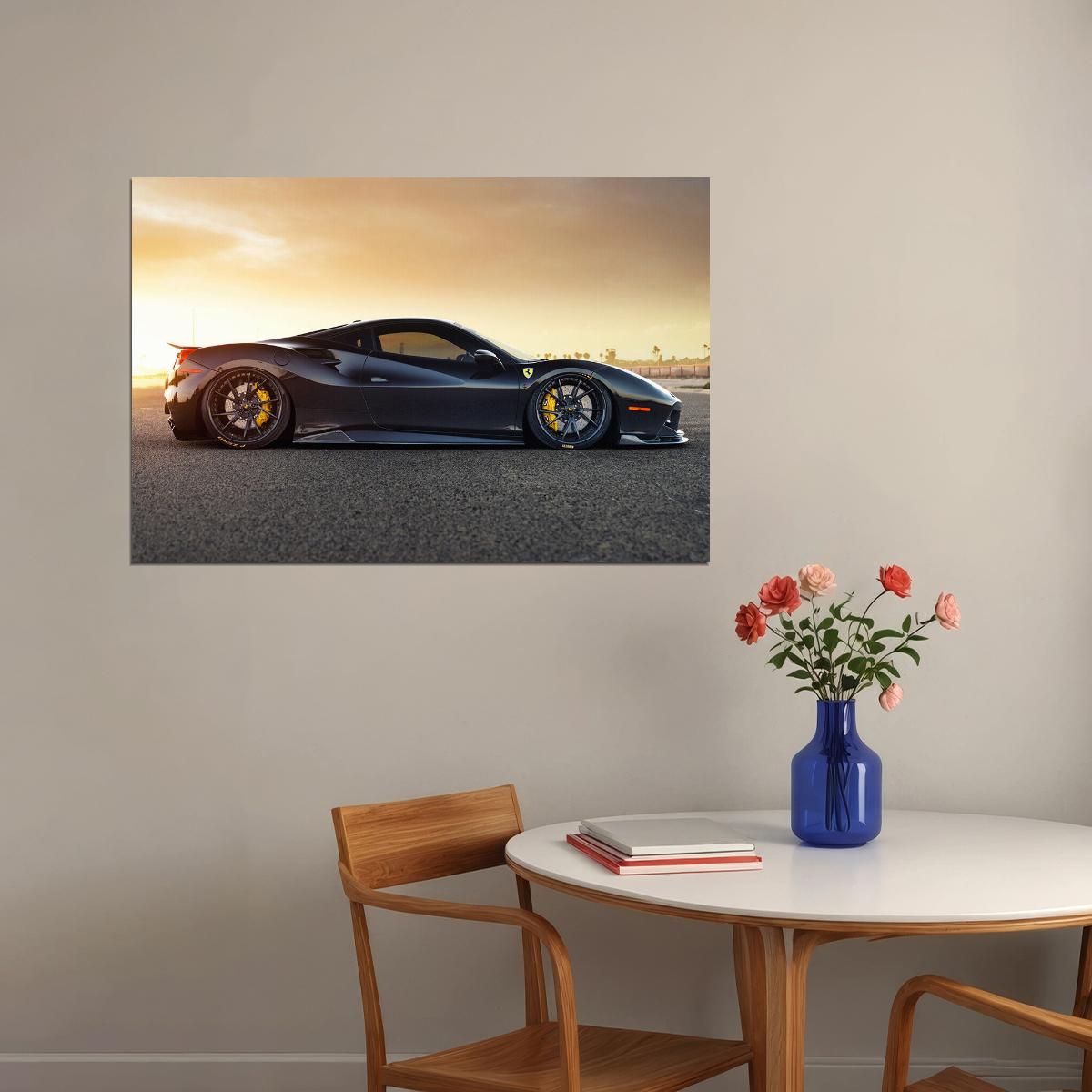 Black Ferrari 488 Gtb Sports Car Gravel Road Poster Wall Art Print Home Wall Decor