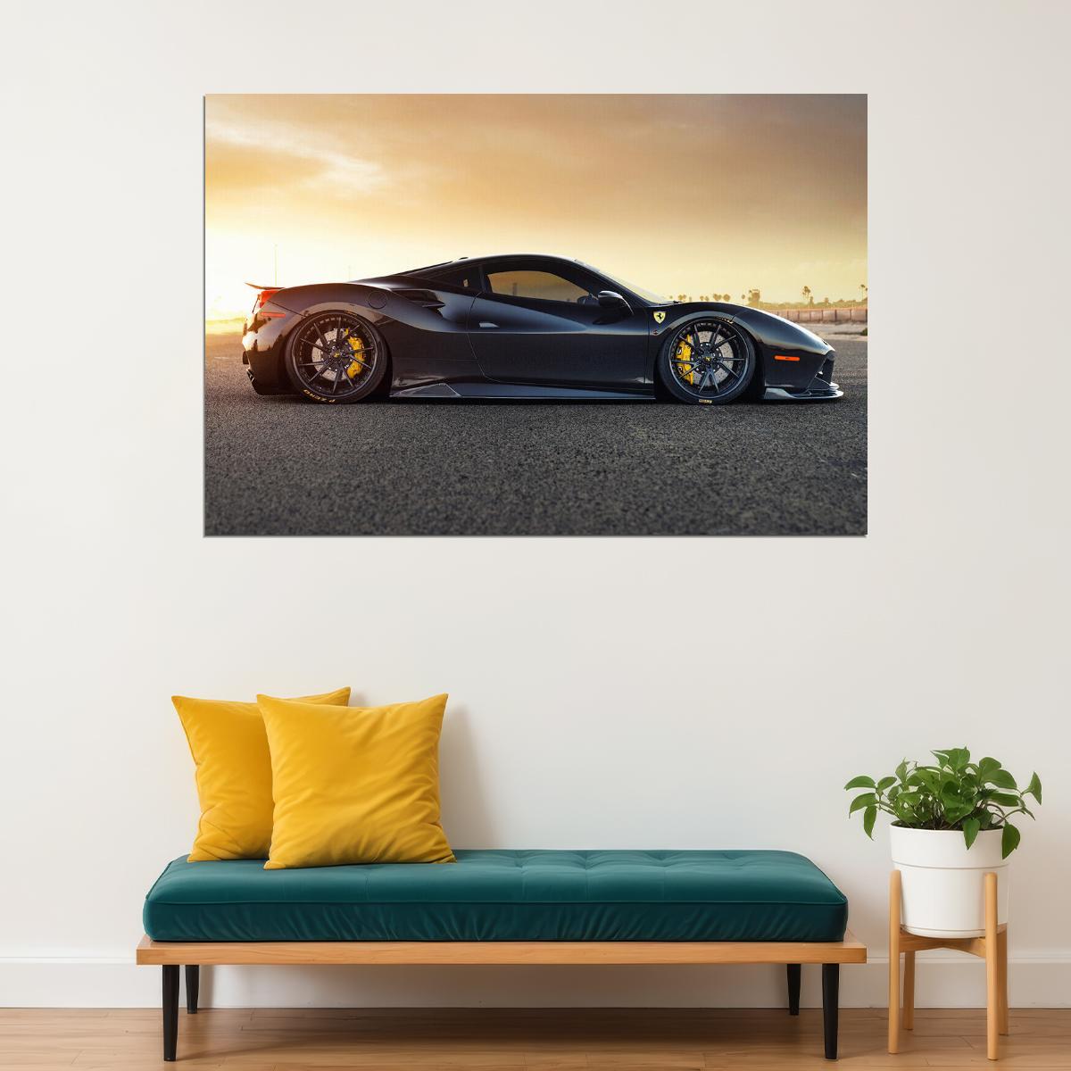 Black Ferrari 488 Gtb Sports Car Gravel Road Poster Wall Art Print Home Wall Decor