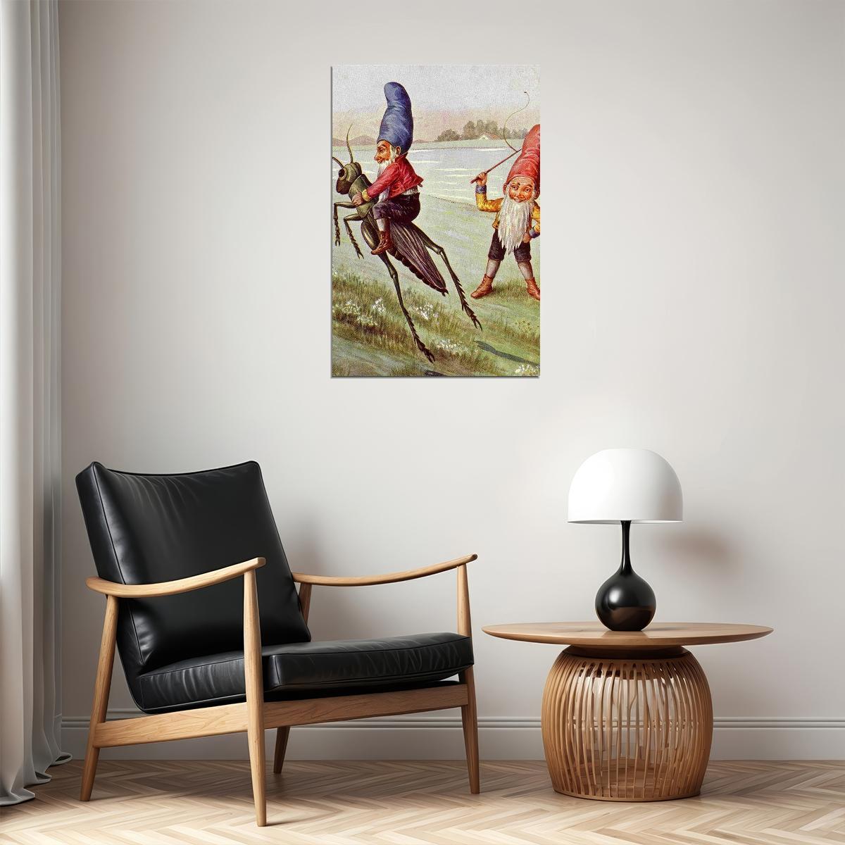 Elves On A Grasshopper Painting Fantasy Bugs Poster Wall Art Print Home Wall Decor