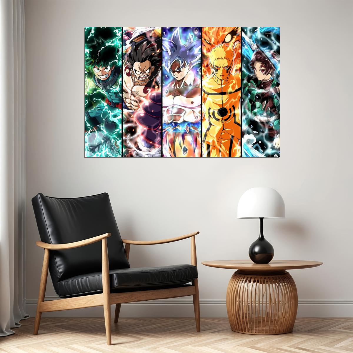 Izuku Luffy Goku Naruto Tanjiro Anime Collage Poster Wall Art Print Home Wall Decor - xonomax
